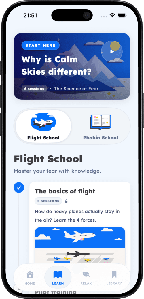 Calm Skies app - Flight School and Phobia School
